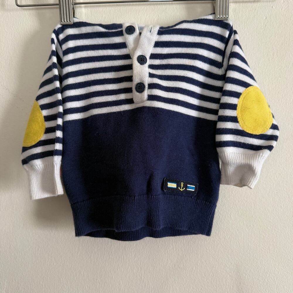 JACADI Baby's Navy Blue and White Nautical Stripe Popover Hooded Sweater 6 Mo